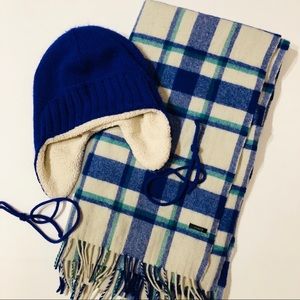 J. Crew wool plaid scarf and trapper winter hat